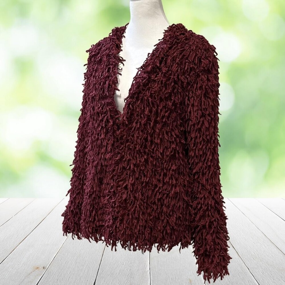 LOVERICHE Shaggy Cardigan Sweater Chenille Fringe Pockets Lined Burgundy Size S